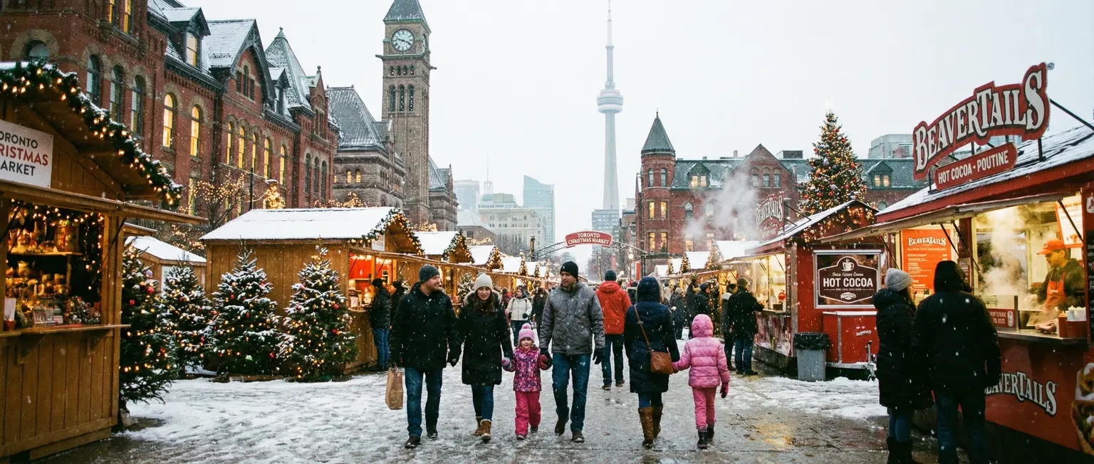 Christmas market in the Greater Toronto Area with festive lights and families